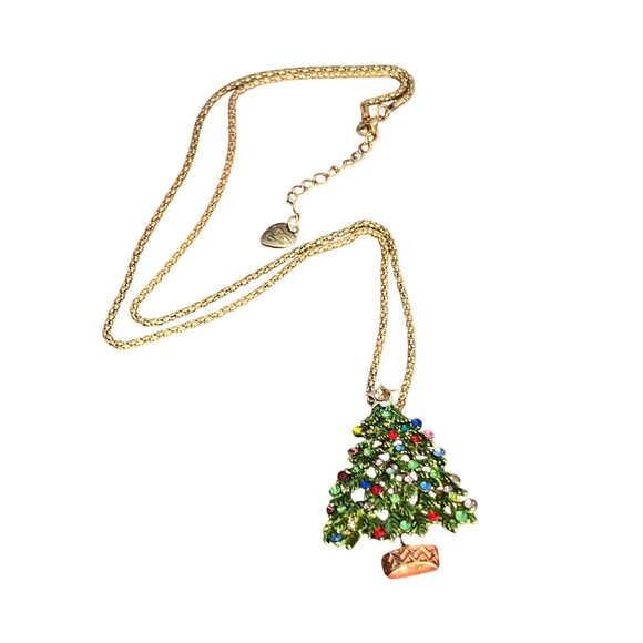 Vintage Betsey Johnson Pendant Necklace Christmas Tree Brooch Enamel 30" Estate - Picture 1 of 6